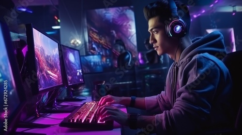 Young confident Asian man playing online computer video game  colorful lighting broadcast streaming live at home. Gamer lifestyle  E-Sport online gaming technology concept