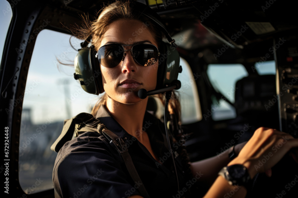 Empowered woman aviator in helicopter pilot attire, representing gender parity against the chopper backdrop - obrazy, fototapety, plakaty 