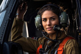 Helicopter aviator, a woman in military attire, signifies gender equality, standing confidently near her chopper