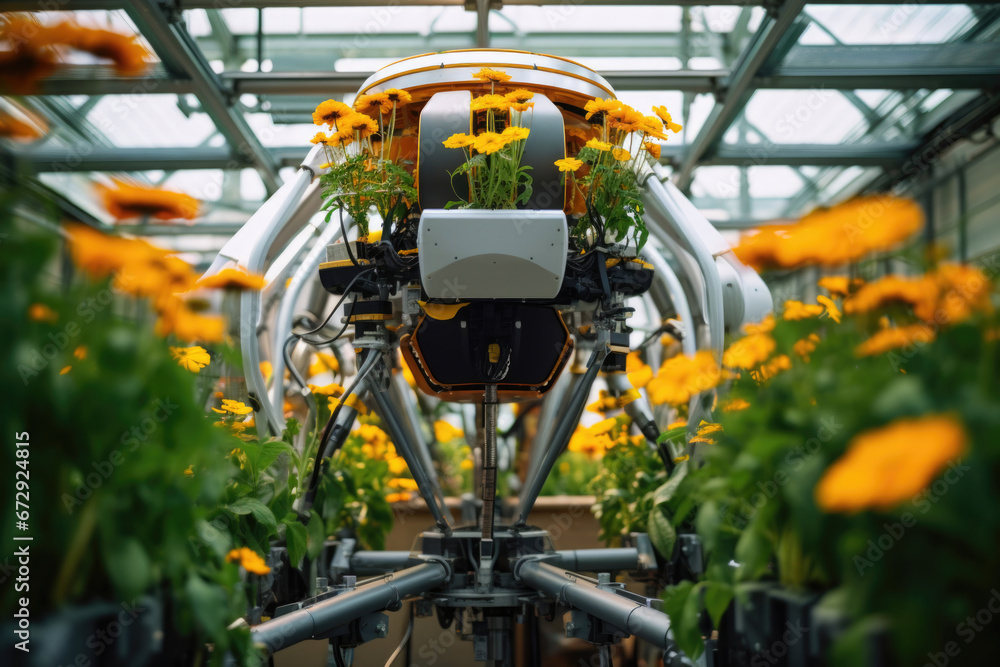 A robotic mechanism tends to blooming flowers in a greenhouse, highlighting the fusion of technology and nature in agriculture, ensuring bountiful and colorful floral displays