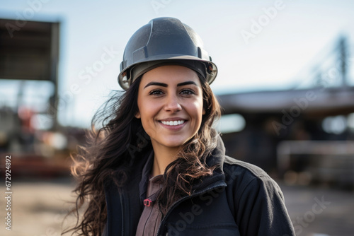 Improving professional diversity: a female construction worker, engineer in a hard hat, symbolizing gender equality