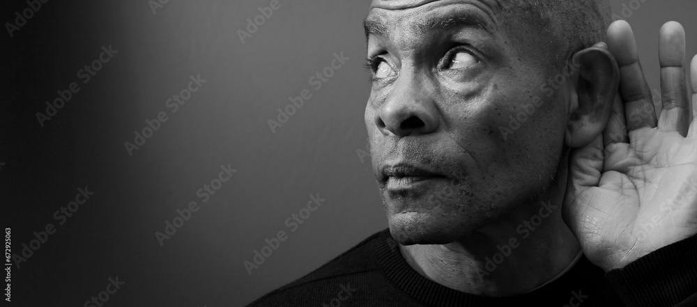 deaf man suffering from deafness and hearing loss on gray background with people stock image stock photo deaf man suffering from deafness and hearing loss on gray background with people stock image stock photo