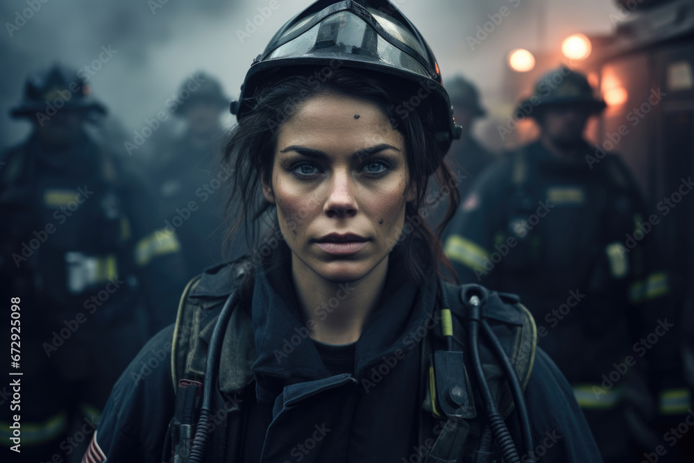 Fearless leader: a dedicated woman firefighter leading her team with determination, reshaping perceptions in a male-dominated industry