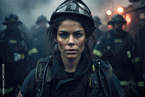 Fearless leader: a dedicated woman firefighter leading her team with determination, reshaping perceptions in a male-dominated industry © Konstiantyn Zapylaie