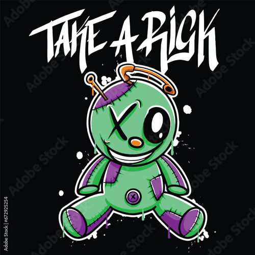 vector graffiti hand drawn smile voodoo doll with slogan take a risk designs for streetwear illustration