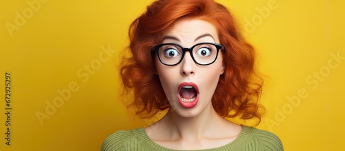 Wallpaper Mural A startled young woman with red hair wearing glasses stands against a yellow wall Torontodigital.ca