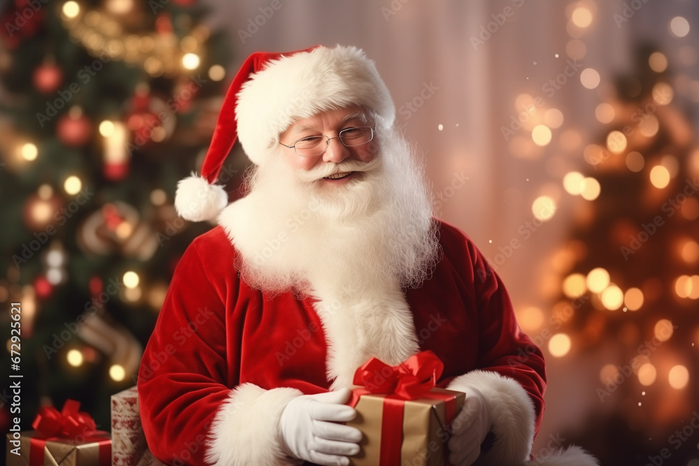 Santa Claus smiles and holds a gift in his hands. New Year. Holiday.
Santa Claus smiles and holds a gift in his hands. New Year. Holiday.