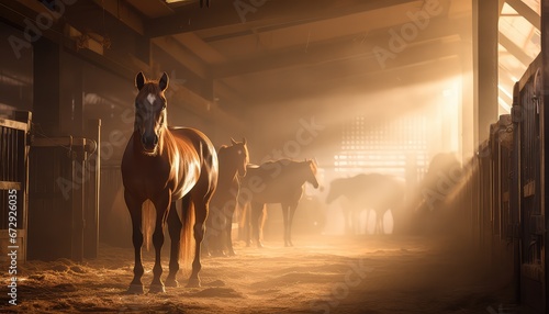 horses in stables with sunrays droplet coming through the roof