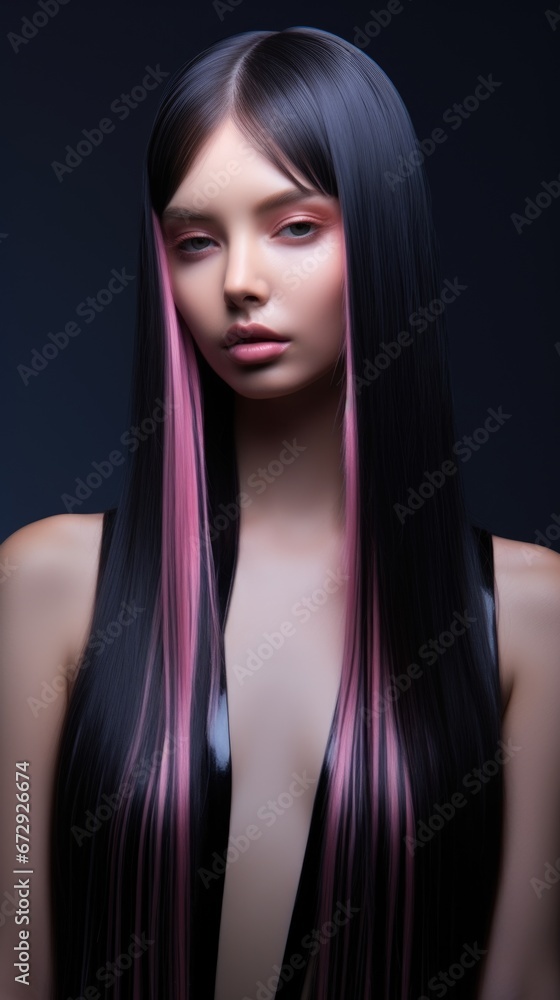 Fototapeta premium A woman with long black and pink hair. Magenta colored straight hair.