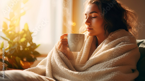 Woman wrapped in a blanket holding a mug of tea