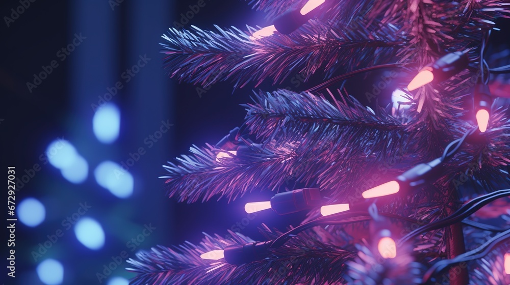 Christmas tree branches with glowing garland. Christmas lights. X-mas or New Year decor. Party event decoration. Generative AI. Illustration for banner, poster, cover, brochure or presentation. Christmas tree branches with glowing garland. Christmas lights. X-mas or New Year decor. Party event decoration. Generative AI. Illustration for banner, poster, cover, brochure or presentation.