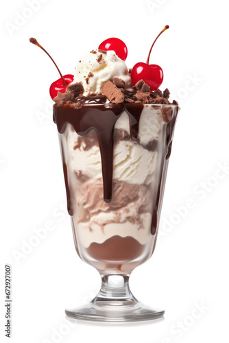 Ice cream sundae, dripping with rich chocolate sauce, with red cherries and chocolate chunks on top, isolated on white background