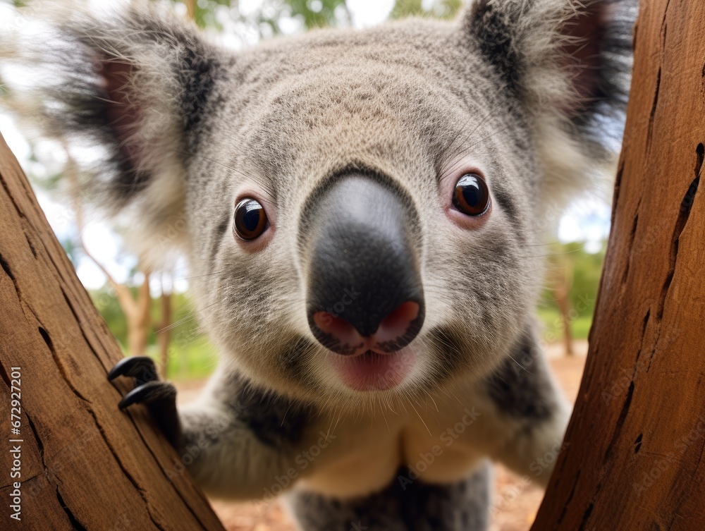 Obraz premium Close-up portrait of a koala. Detailed image of the muzzle. A wild animal is looking at something. Illustration with distorted fisheye effect. Design for cover, card, postcard, decor or print.