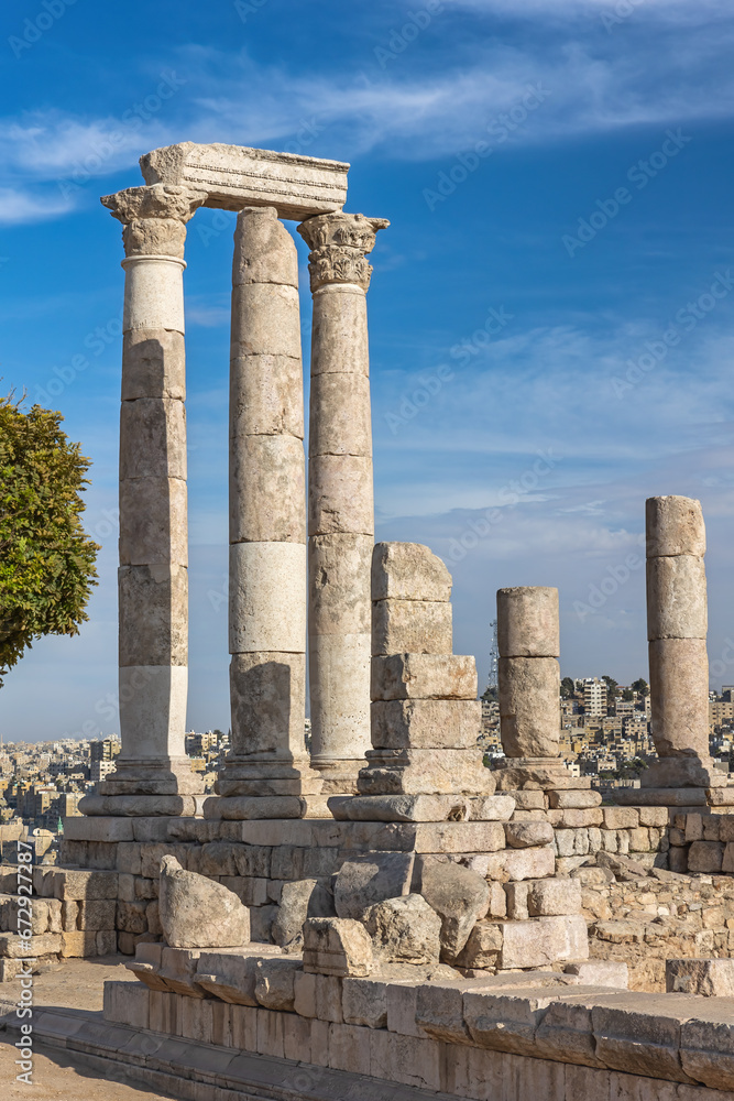 Ruins of Roman Temple of Hercules at the Amman Citadel is an archeological site in Amman . Jordan.  Vertically. 