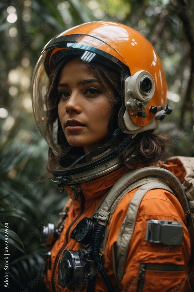 Exploring New Frontiers: Female Astronaut in the Jungle. generative AI Exploring New Frontiers: Female Astronaut in the Jungle. generative AI