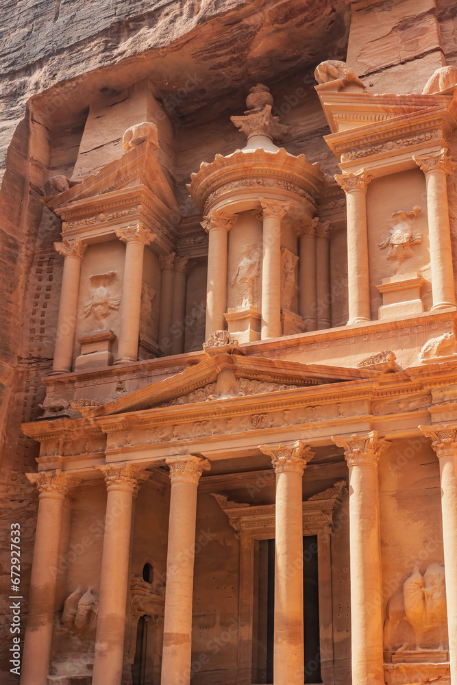 The  Treasury at Petra archaeological site in sunlight.  Petra. Jordan. Vertically. 