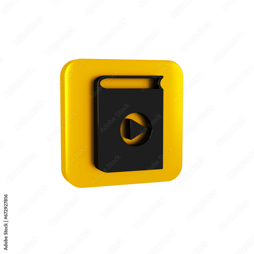 Black Audio book icon isolated on transparent background. Play button and book. Audio guide sign. Online learning concept. Yellow square button. Black Audio book icon isolated on transparent background. Play button and book. Audio guide sign. Online learning concept. Yellow square button.