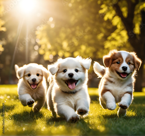 Puppy Playtime: Joyful Canines in the Sunlit Park. generative AI