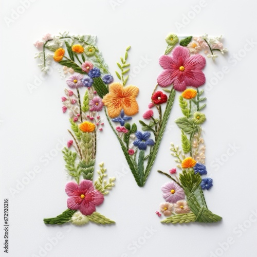 The letter m is made of flowers and leaves. Embroidery effect, floral design.