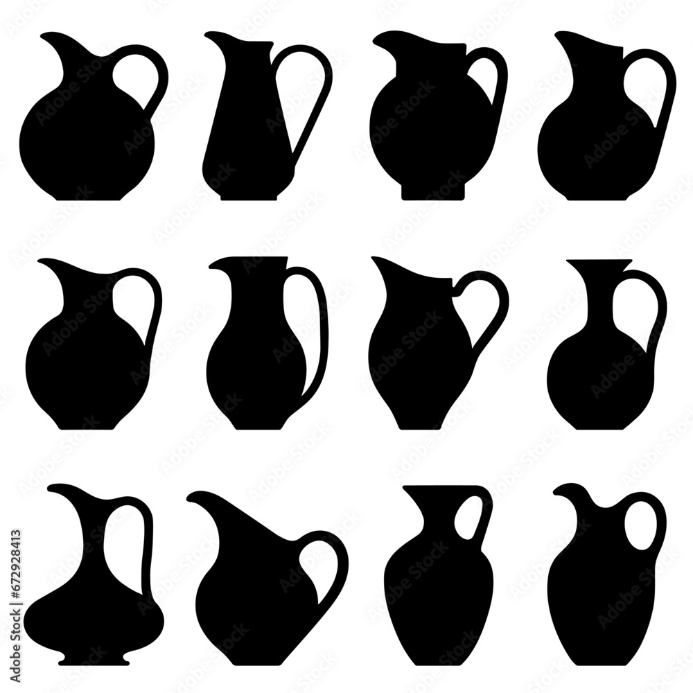 Water jug icon. Set of different silhouettes of decanter. Symbols of pitcher of water. - obrazy, fototapety, plakaty 