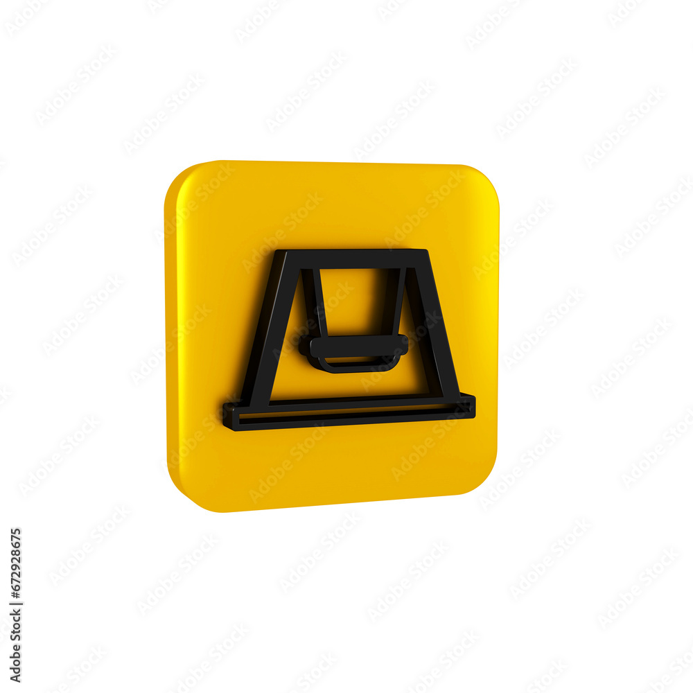 Black Swing for kids summer games on playground icon isolated on transparent background. Outdoor entertainment equipment. Yellow square button. Black Swing for kids summer games on playground icon isolated on transparent background. Outdoor entertainment equipment. Yellow square button.