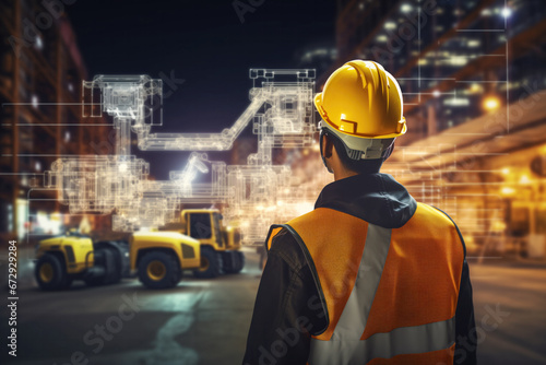 Engineer wearing safety gear observing digital holographic blueprints projections in construction site