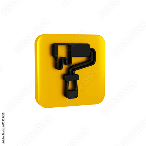 Black Paint roller brush icon isolated on transparent background. Yellow square button.