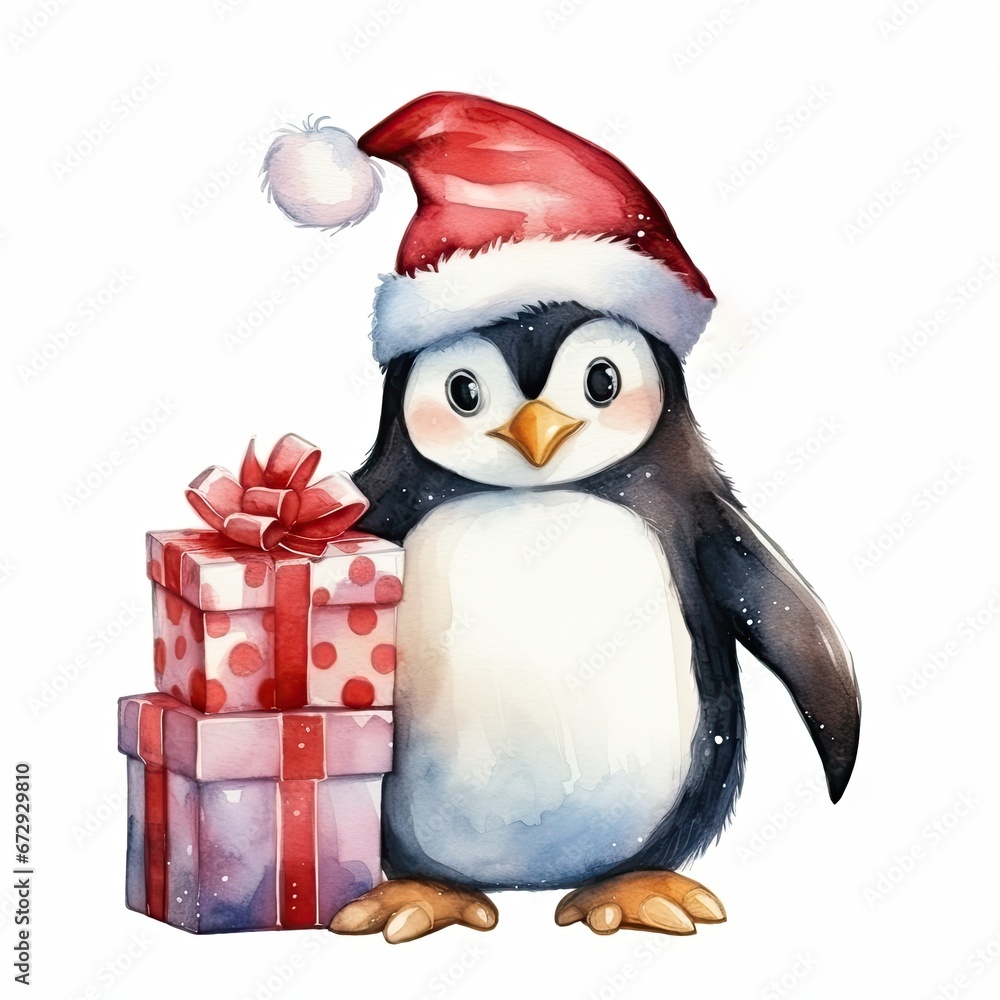 Fototapeta premium Watercolor merry christmas character penguin illustration