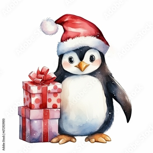 Watercolor merry christmas character penguin illustration © PinkiePie