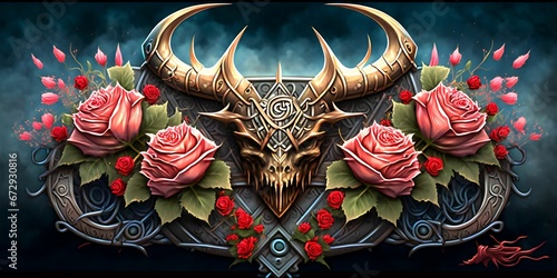 Viking Shull with Antlers and Roses Decorative Shield - AI-Generated photo