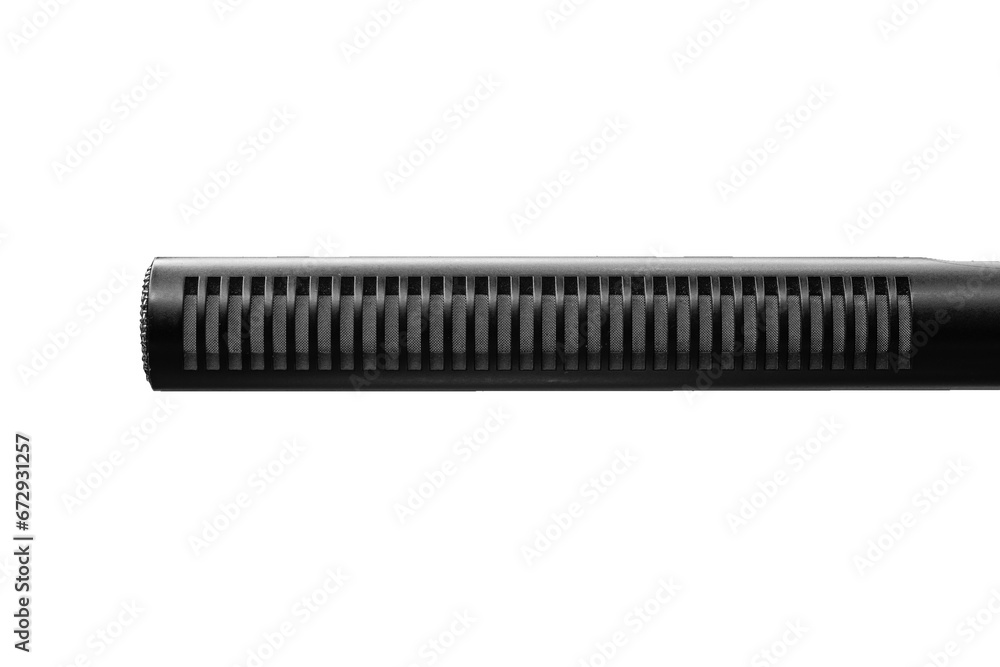 Shotgun microphone is isolated on transparent background, close up. Shotgun microphone is isolated on transparent background, close up.