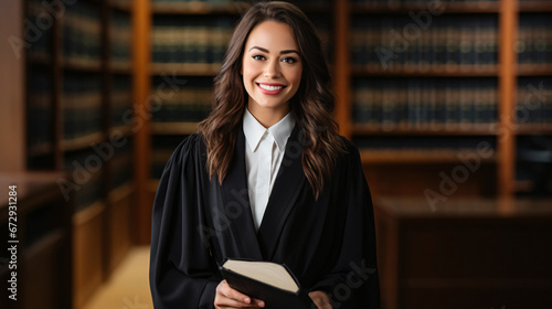 Confident Young Female Lawyer in Traditional Black Robe Holding a Law Book in Library photo
