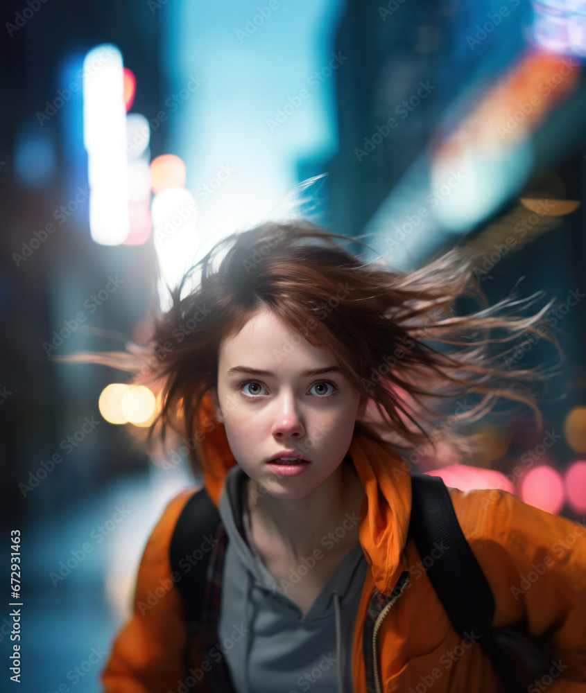 Fototapeta premium Dramatic close-up of a teenage girl with windswept hair running in panic in a city street