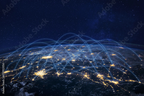 Communication technology, global internet network over Earth. Telecommunication and data transfer, connection links, original image furnished by NASA. photo