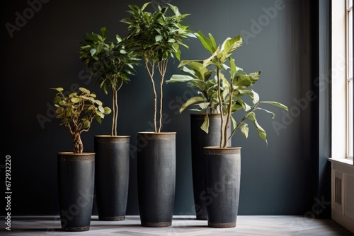 A group of three planters sitting next to each other.