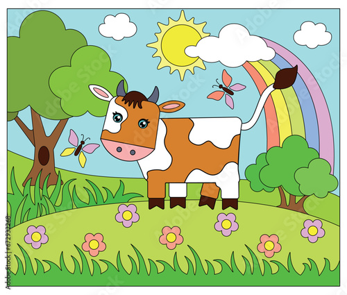 Cow, cute picture with a domestic animal on a landscape background - vector full color drawing. Bull in a meadow with flowers, rainbow and butterflies