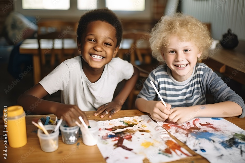 caucasian and afro male children painting together on table. generative AI