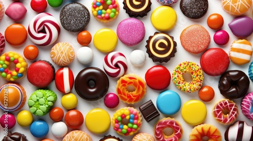 Colorful candy assortment on a white background. Hyper-realistic, visually pleasing pattern of various types of sweets. Mouthwatering and delicious treats for every sweet tooth.