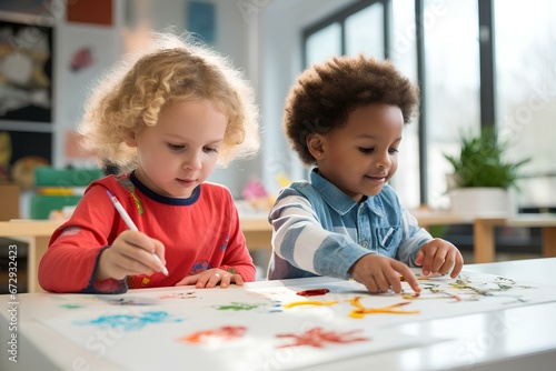 caucasian and afro male children painting together on table. generative AI
