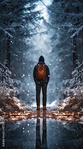 Unrecognizable man posing in snowy trail outdoors in the forest. Generative AI.