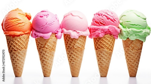 Colorful assortment of hyper-realistic ice cream flavors artfully arranged on a white background. Meticulously crafted with vibrant strawberry pink and refreshing mint green scoops