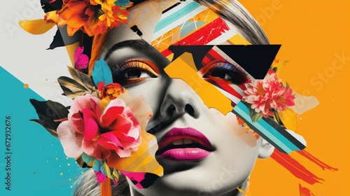 Vibrant, abstract collage with sharp-focus shapes a female face. A dynamic, hyper-realistic digital artwork that showcases bold creativity and modern design.