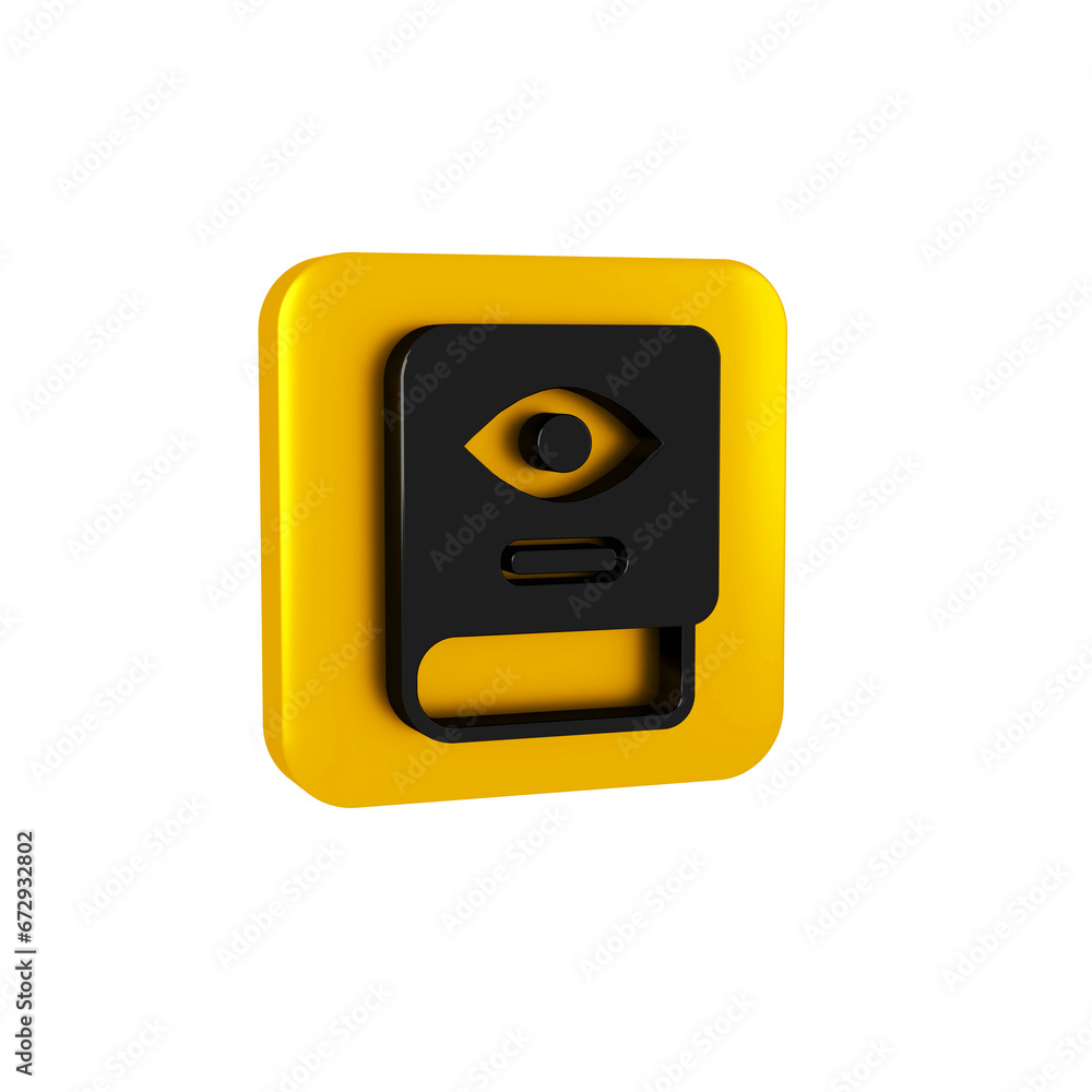 Black Ancient magic book with alchemy recipes and mystic spells and enchantments icon isolated on transparent background. Yellow square button.