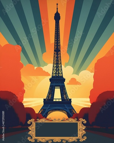 AI-generated illustration of a vintage visit Paris travel poster with the Eiffel Tower.