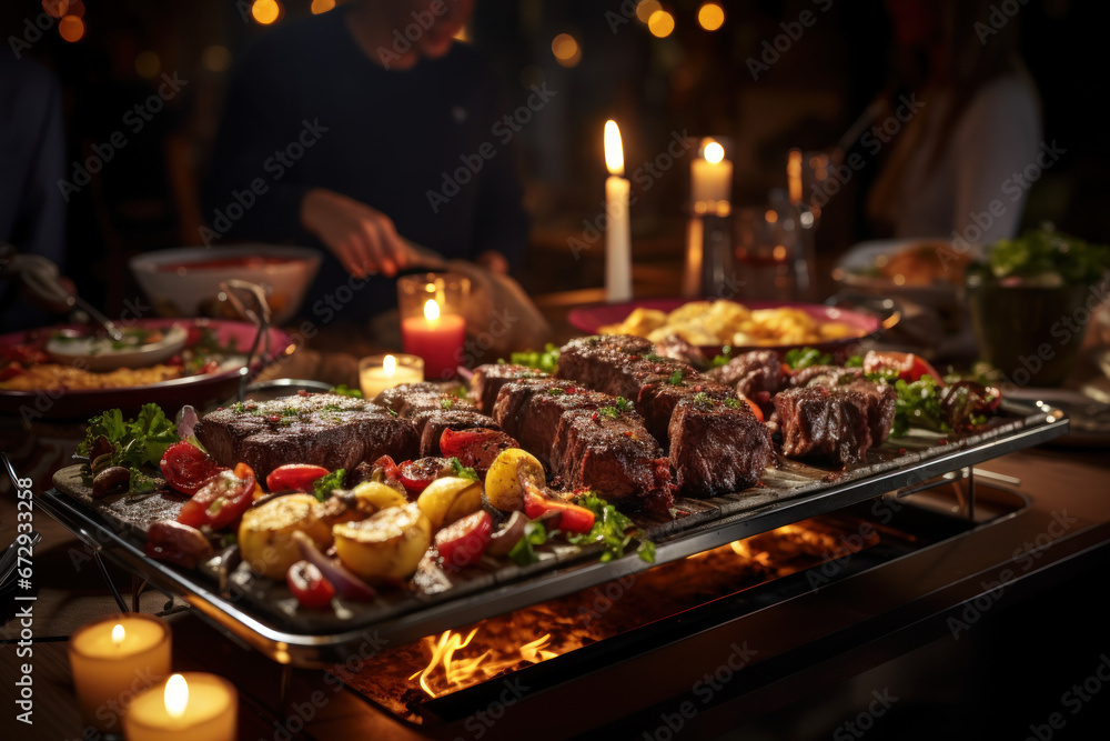 A group of people congregates for a buffet of grilled meat in a restaurant setting. This buffet service caters to festive events, parties, and wedding receptions. Generative Ai.