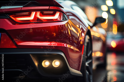 The stainless steel exhaust tip of a sports car takes the spotlight, with a car showroom serving as a bokeh-laden backdrop. The dual exhaust system enhances the rear of the black car. Generative Ai.