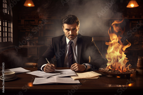 a businessman signs business papers and burns documents while at a table.