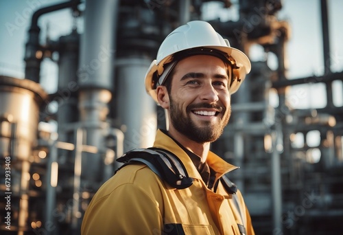 Smiling Technician in Safety Uniform at Oil Refinery