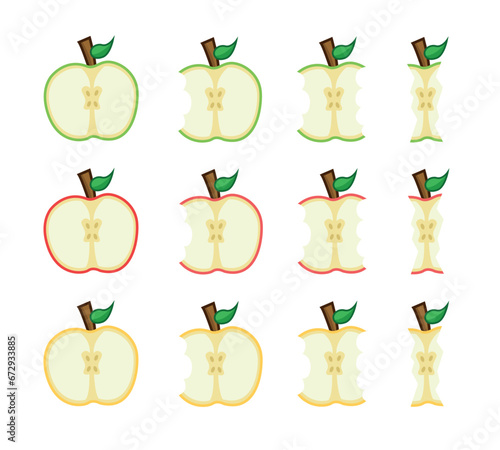 Sequence of apples bitten in half in different colors. Fruit cut, bitten, and eaten.