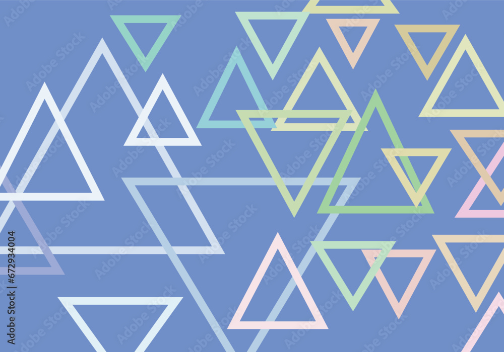 Blue backdrop with colorful triangles.